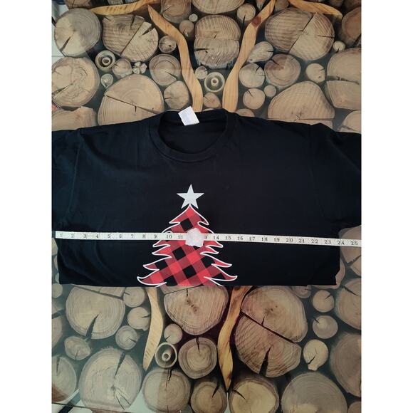 Holiday Merry Christmas Buffalo Plaid Yule Tree Script Black T-Shirt Unisex XL - Picture 6 of 8